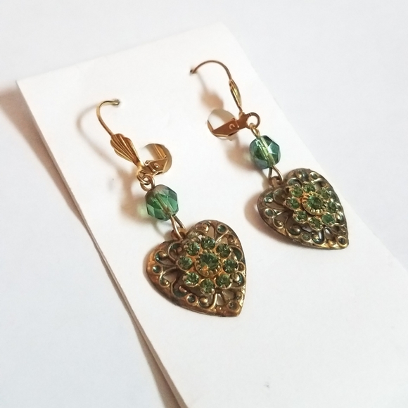 Hand Crafted Hearted Shaped Green Rhinestone Earrings - Picture 3 of 9